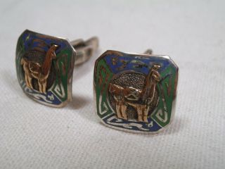 Vintage Peru Sterling Silver 18K Gold Llama Cufflinks - Green,  Blue Enamel - 8.  1g 2