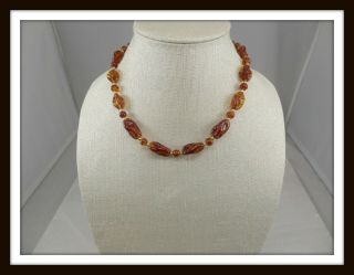 Vintage Amber Glass Bead Necklace W/gold - Tone Spacer Beads 4224