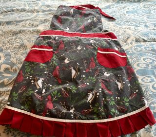 Now Designs Betty Vintage Apron,  Pockets & Ruffles Winter Red Cardinals & Birds
