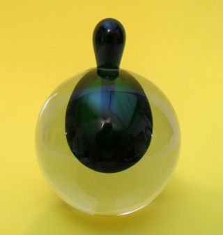 Vintage Dark Green Cased Crystal Art Glass Paperweight Perfume Bottle W/ Dauber