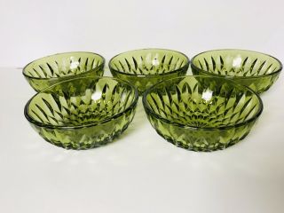 Set Of 5 Vintage Green Depression Glass Dessert Bowls Diamond Pattern Round