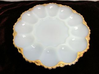 Vintage Milk White Glass Deviled Egg Oysters 10 " Platter Plate With Gold Trim