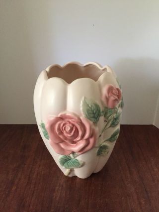 Vtg 1987 Fitz & Floyd Pink Roses Pattern Large Vase Euc