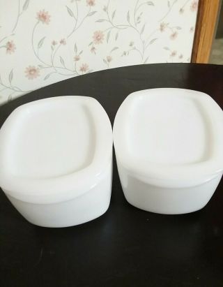 2 Vintage Federal White Milk Glass Lidded Dish - Bowl.  Refrigerator Dish With Lid