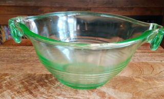Vintage Green Depression Glass Ribbed Mixing Bowl Unique Handles 9 In X 4.  5 In.