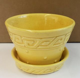 Vintage Mccoy Flower Pot 1950s Greek Key Design Gloss Yellow 3 "