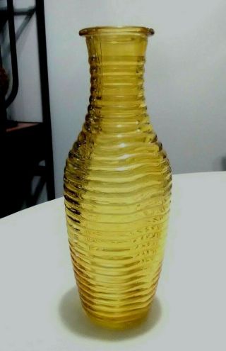 Vintage Amber Ribbed Colored Studio Art Glass Hand Blown Bud Vase 8.  5 " Tall