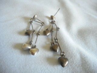 Vintage Silver Small Drop Dangle Hearts Pierced Earrings