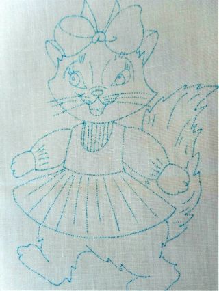 Adorable Vintage Boy & Girl Cat Stamped For Hand Embroidery 14 " Quilt Block