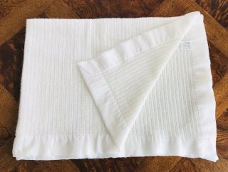 Vintage Off - White Waffle Weave Baby Crib Blanket Nylon Trim Usa