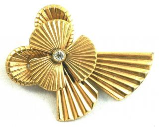 Brooch Ribbon Flower Vintage Pin Clear Rhinestone Gold Tone Brass Bow Flowers