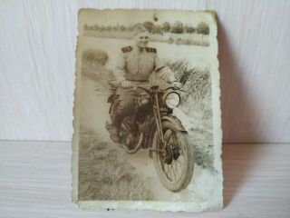 Vintage Photo Card The Second World War 1946 Military Man Rides On Motorcycle