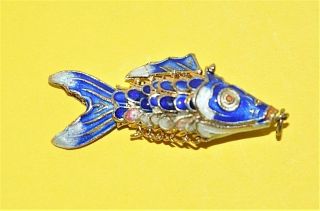 Vintage Blue White Red Enamel Articulated Moving Fish Pendant Chinese -