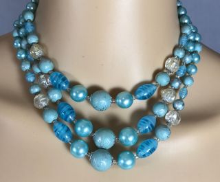 Signed Japan Vintage Triple Strand Necklace Blue Glass Graduated Bead Unique