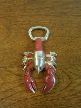 Vintage Brass And Red Enamel Lobster Rhinestone Eyes Bottle Opener