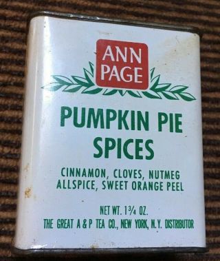 Vintage Ann Page Pumpkin Pie Spices Tin Can 1 3/4 Oz,  The Great A & P Tea Co,  Ny