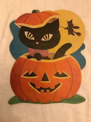 1950s Cute Black Cat In Pumpkin Vintage Halloween Wall Decoraion 10.  25 "