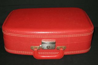 Small Vintage Red Hard Shell Suitcase White Stitching Retro Travel 1940s