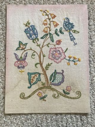 Vintage Hand Stitched Jacobean Crewel Embroidery Tree Of Life Flowers Bird