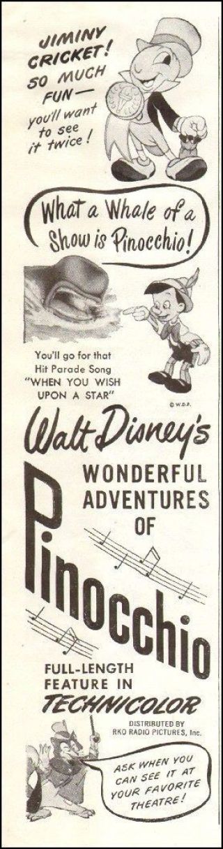 1945 Vintage Disney Movie Ad For Pinocchio Jiminy Cricket,  Technicolor 040317