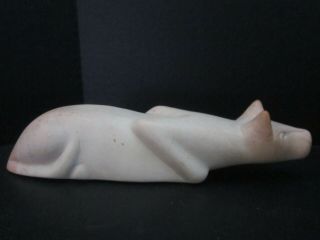 Vintage Hand Carved Stone Crouching Cat 8” Figurine.  Laying.  White With Pink