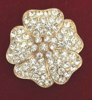 Vintage Signed Monet Gorgeous Gold Tone Flower Brooch Pin With Rhinestones