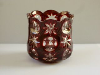 Vintage Bohemian Ruby Red Cut To Clear Crystal Glass Votive Candle Holder / Vase