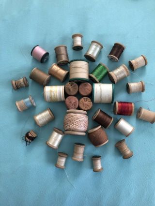 Vintage Sewing Notions Wooden Spools Threads Silk Needles Tape Buttons Hook&eye