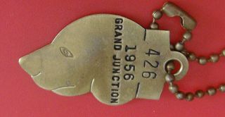 Vintage Dog License Brass Tag: Grand Junction Colo 1956; Figural Dog Head Shape