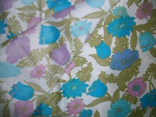 Vintage 60s Floral Polished Cotton or Blend Fabric Blue & Purple Flowers 3 yards 3