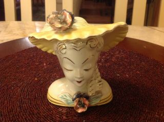 Vintage Lady Head Vase Planter Lemon Yellow Hat Young Girl Scarlet 5.  25 " Japan