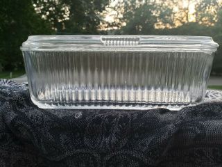 Vintage Federal Clear Glass Ribbed Refrigerator Dish With Vegetable Lid 8 " X4 "
