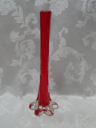 Vintage Murano Red Fluted Bud Vase Italian Art Glass Flower Stem Bulb Bubble Bas
