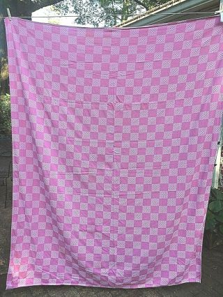Pink White Square Optic Vintage Cotton Tablecloth No Tears Or Holes.