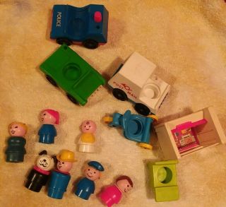 Vintage Fisher Price Little People Mail Truck,  Police Car,  Phone Booth & Figures