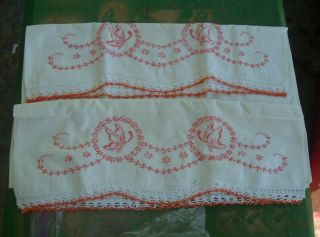 Vintage Pillow Case Set Butterflies And Flowers Hand Embroidered,  Crochet Trim