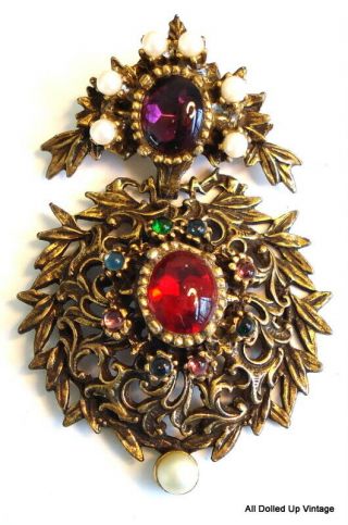 Vintage Majestic Victorian Revival Brooch Pendant Faux Pearls Asst Glass Stones