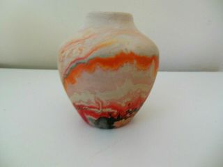 Vintage Small Nemadji Art Pottery Vase/urn 3 1/8 " High Black Red Orange Swirl