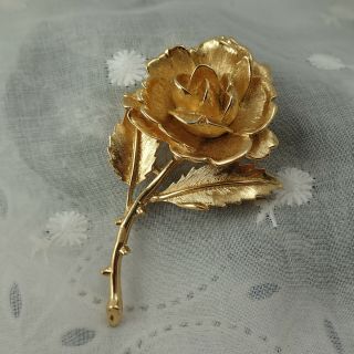 Vintage Monet Brushed Gold Tone High Relief Thorny Rose Pin Brooch