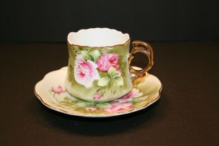 Vintage Lefton Teacup Saucer Green Heritage Rose Hand Painted With Gold Trim