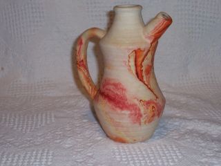 (810) Nemadji Pottery - Usa - 7.  5 " Spout/handle Pitcher - Orange,  Swirl Design - Vintage