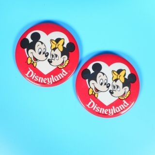 2 Vtg Disney Disneyland Mickey Mouse Minnie Mouse Pin Pinback Buttons Large 3.  5 "