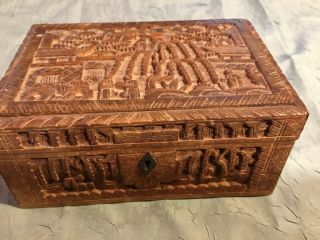 Vtg Hand Carved Trinket Jewelry Box Asian Chinese Wood Wooden