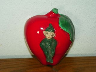 Vtg 3d Gilner Calif Pottery Green Elf Pixie Red Apple Wall Pocket Planter Vase