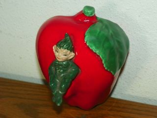 Vtg 3D GILNER Calif Pottery Green ELF PIXIE Red Apple Wall Pocket Planter Vase 2