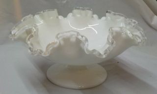 Vintage Fenton Silver Crest White Milk Glass Candy Dish Bowl Clear Ruffled Rim