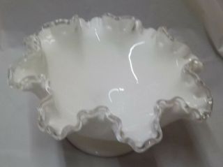 Vintage FENTON Silver Crest White Milk Glass Candy Dish Bowl Clear Ruffled Rim 2
