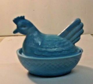 Vintage Blue Slag Glass 4 1/2 " Hen On Nest Marked With T
