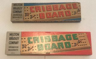 Vintage Two Milton Bradley Wooden Cribbage Board With Metal Pegs Made In Japan