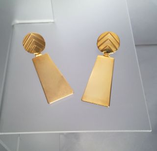 Vintage Retro Shiny Gold Plated Metal Hinge Drop Rectangle Pierced Earrings